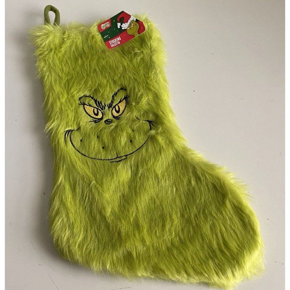 HOW THE GRINCH STOLE CHRISTMAS Green Fur‎ Fuzzy Stocking NEW